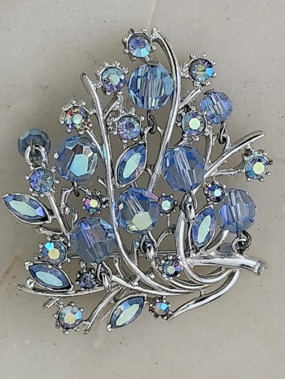 Vtg Coro Signed Iridescent Blue Crystal Floral Brooch